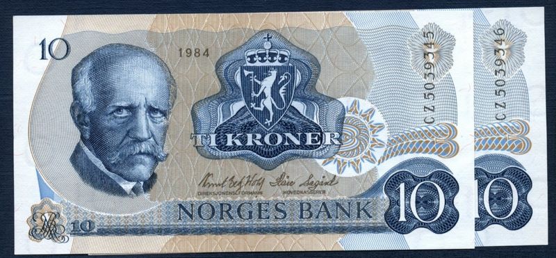 2 stk. 10 kr 1984 CZ i serie kv. 0/01